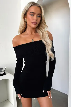 Glow Queen Aaliyah Off Shoulder Knit Mini Dress - Black