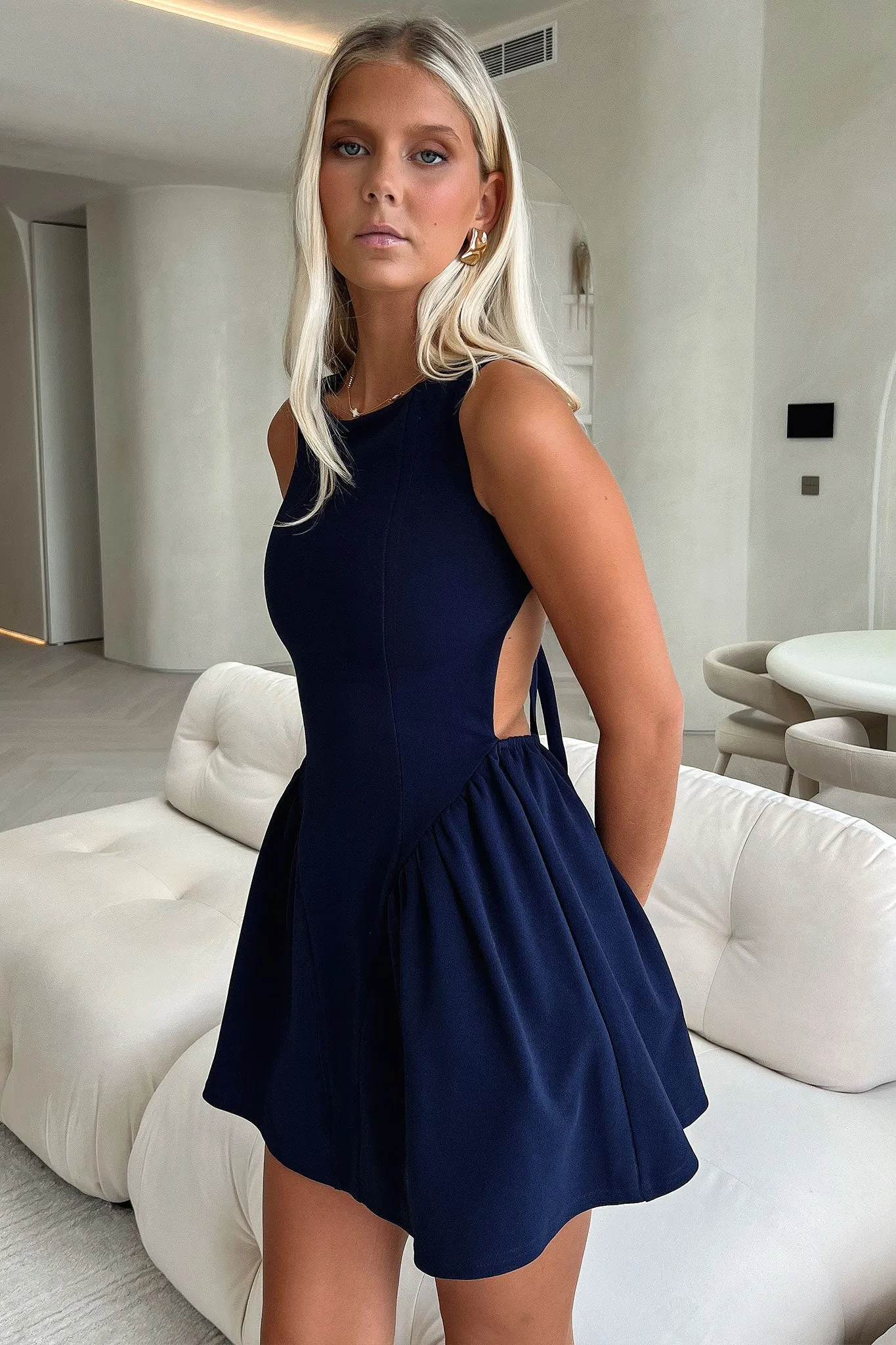 Adeline Lace up Back Mini Dress - Navy Golden Hour