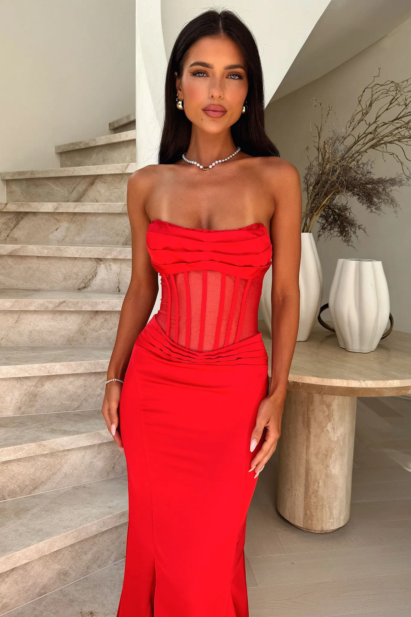 Aderyn Satin Corset Maxi Dress - Red Runway Inspired