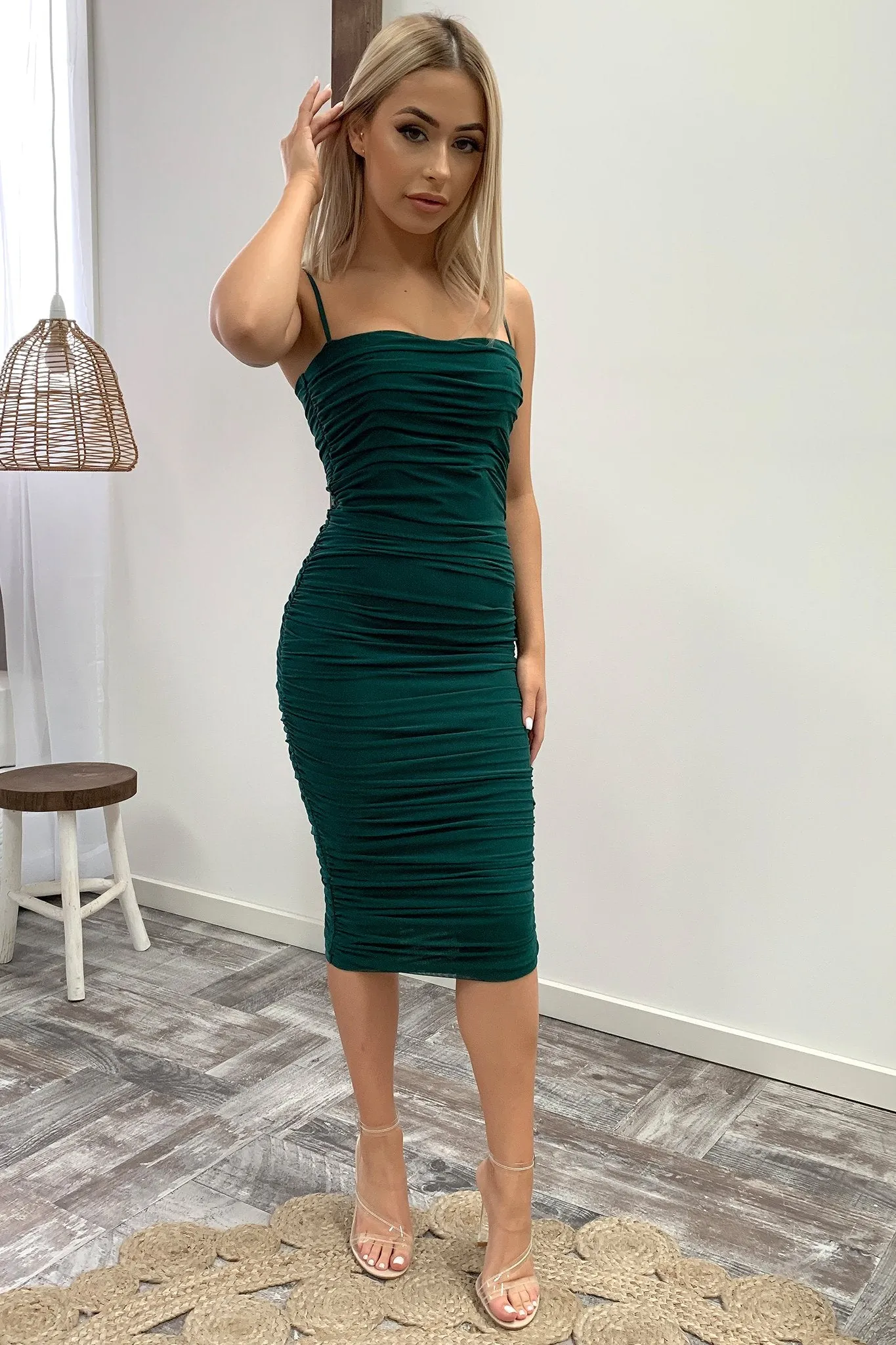 Adjustable Strap Zena Mesh Midi Dress - Emerald