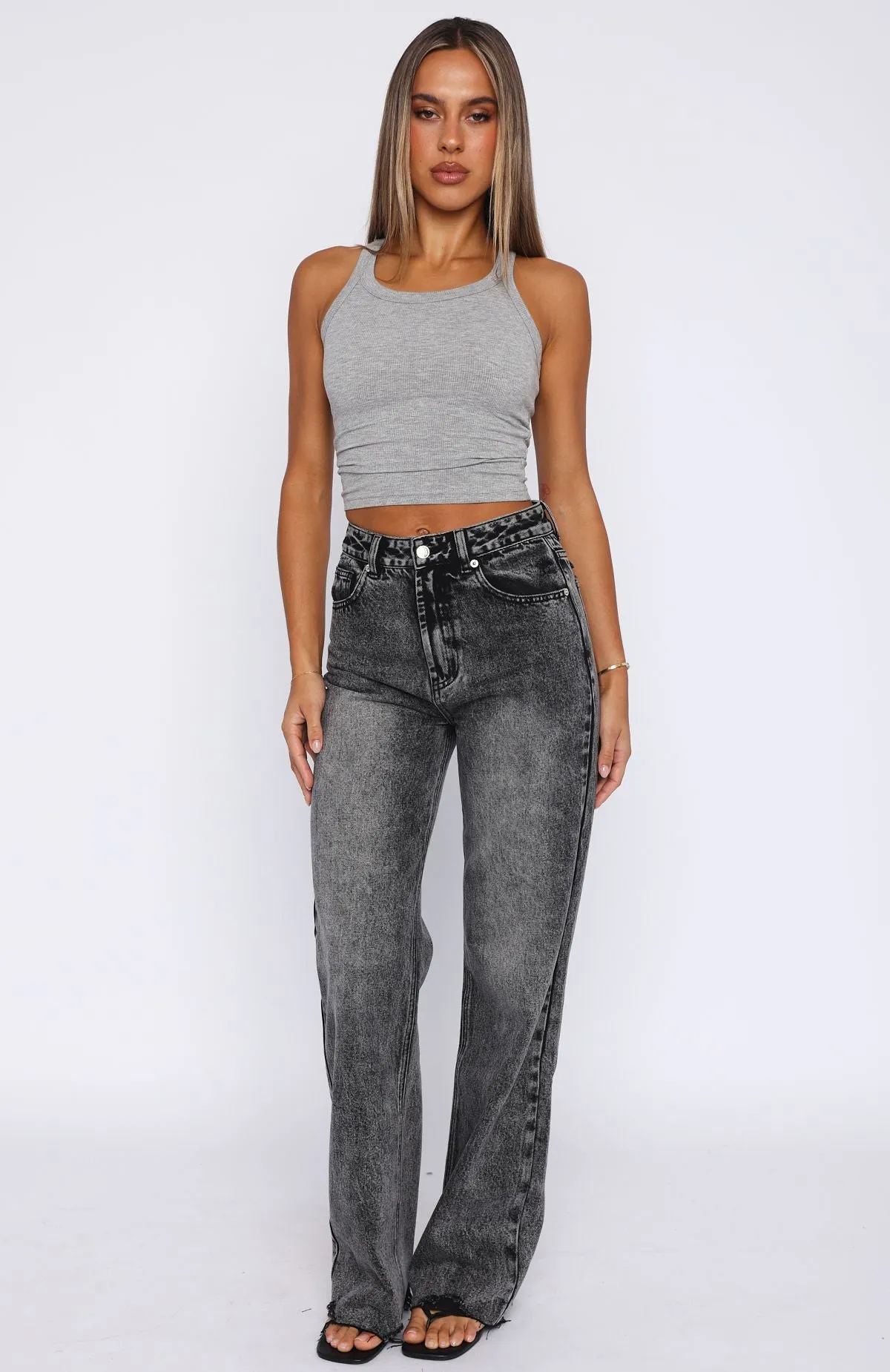 Alana High Waisted Straight Leg Jeans Grey Acid Lightweight Comfortable