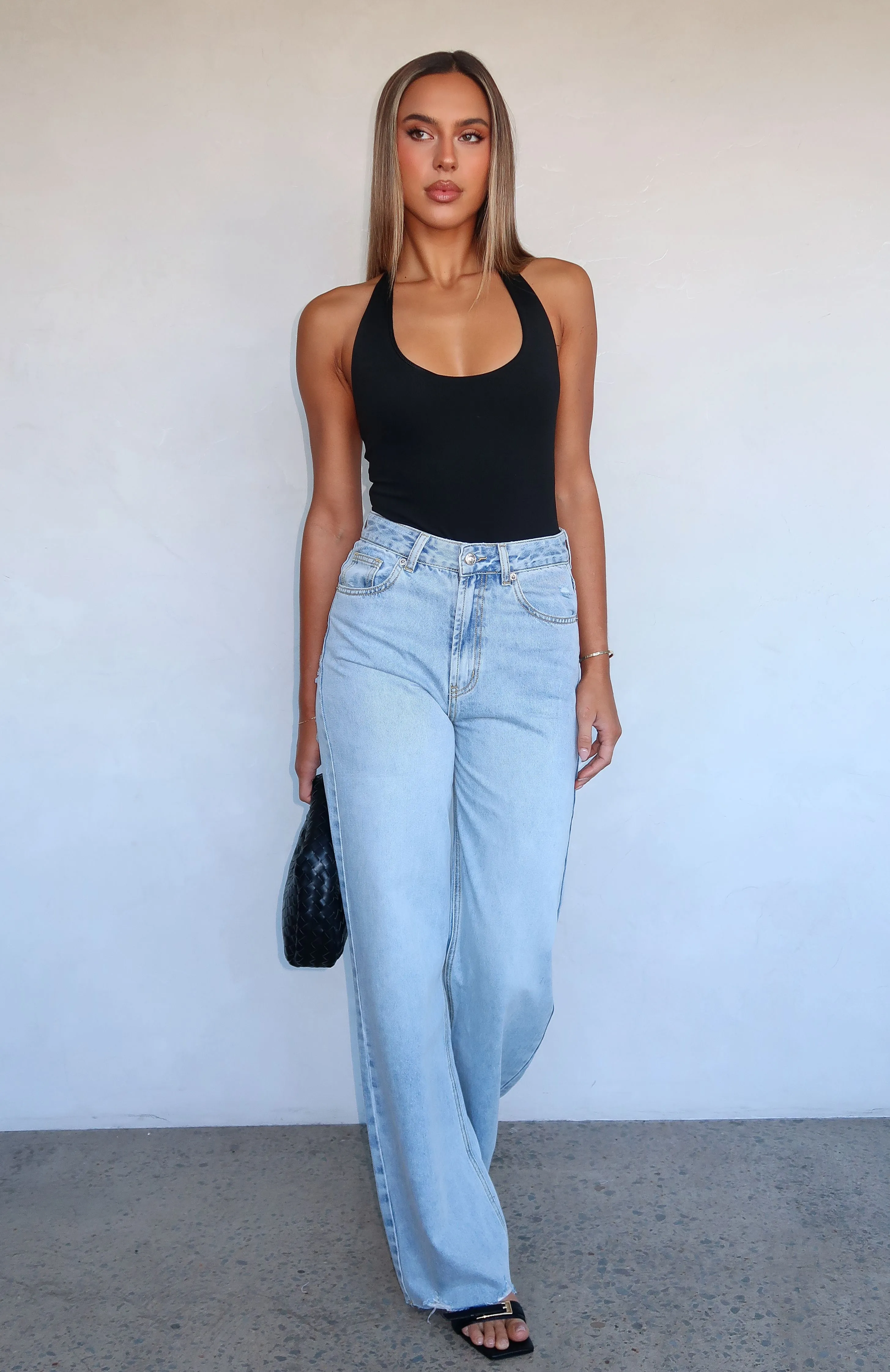 Alana High Waisted Straight Leg Jeans Light Blue Cuffed Look