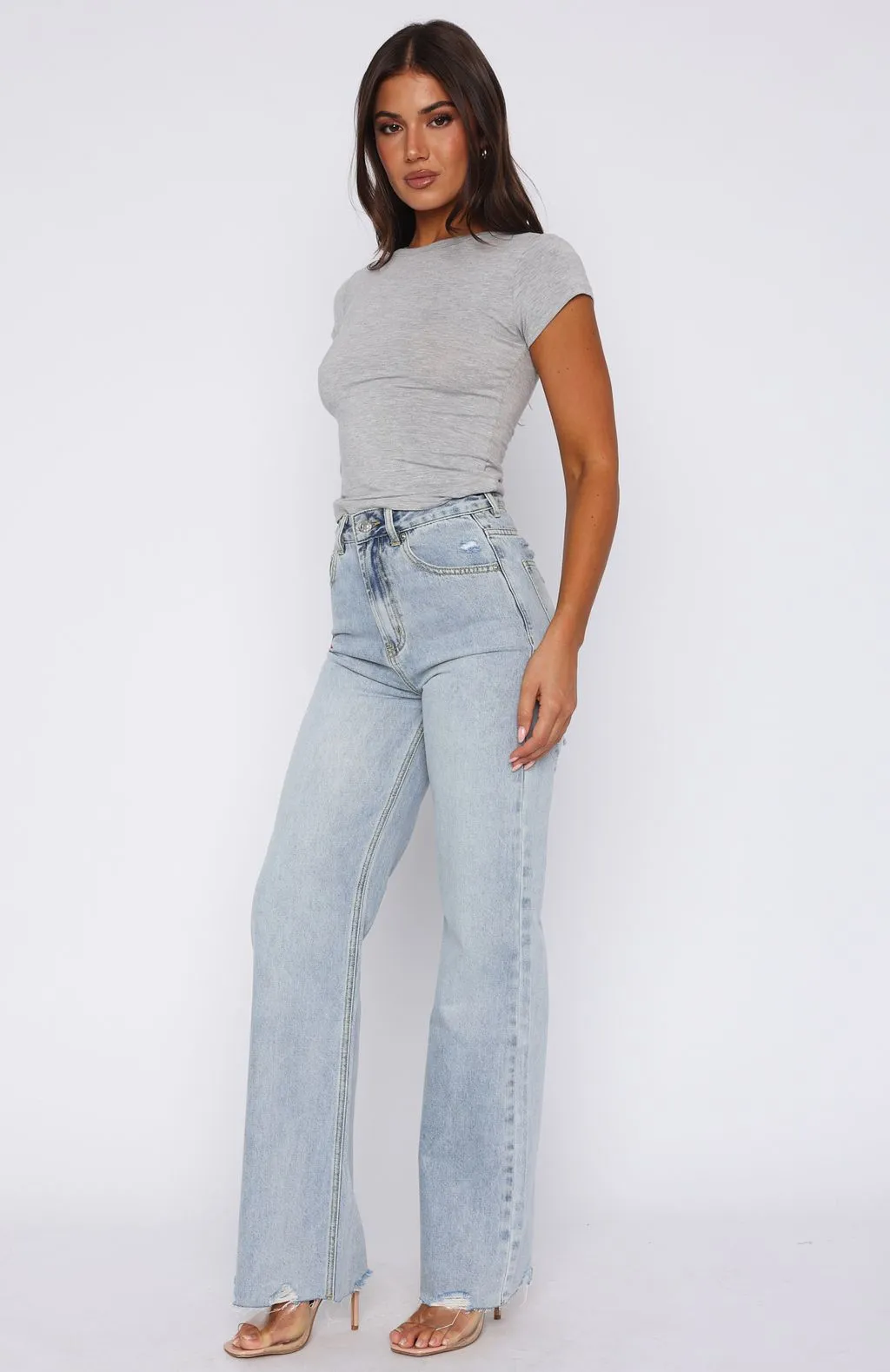 Alana High Waisted Straight Leg Jeans Light Blue Cuffed Look