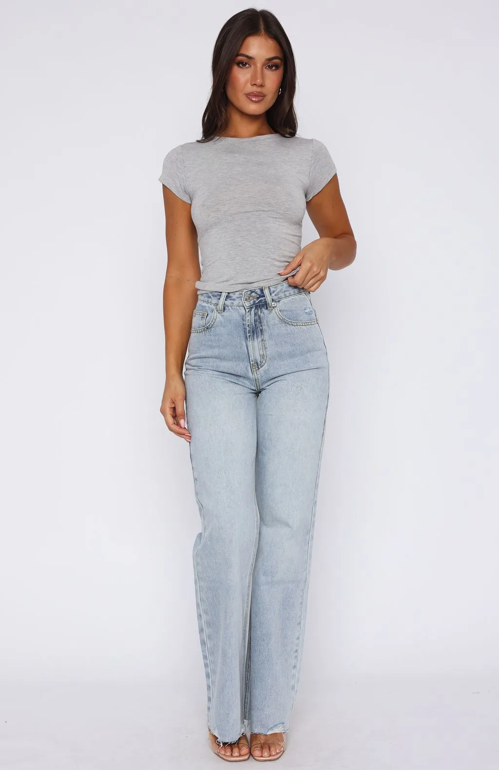 Alana High Waisted Straight Leg Jeans Light Blue Cuffed Look