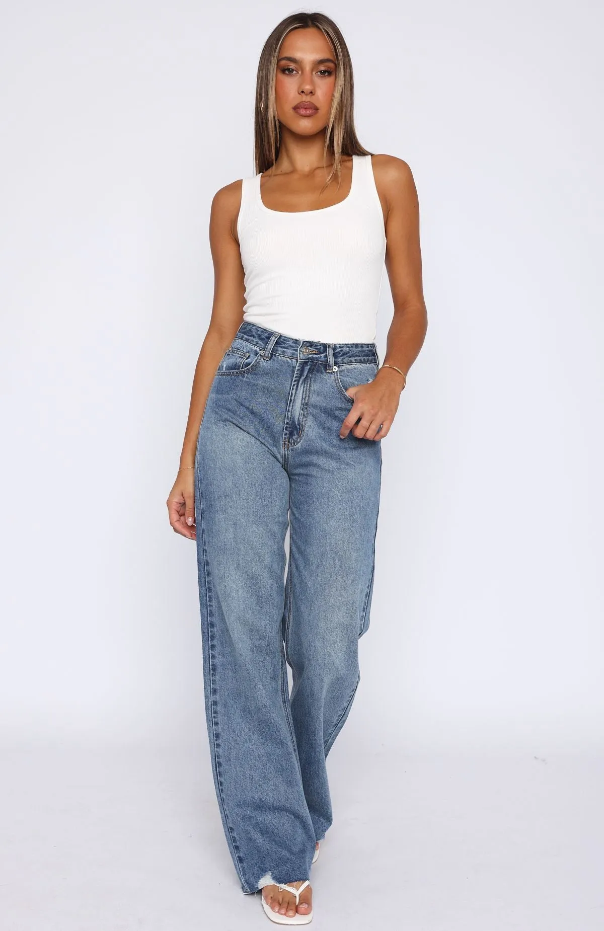 Alana High Waisted Straight Leg Jeans Mid Blue Slimming Fit