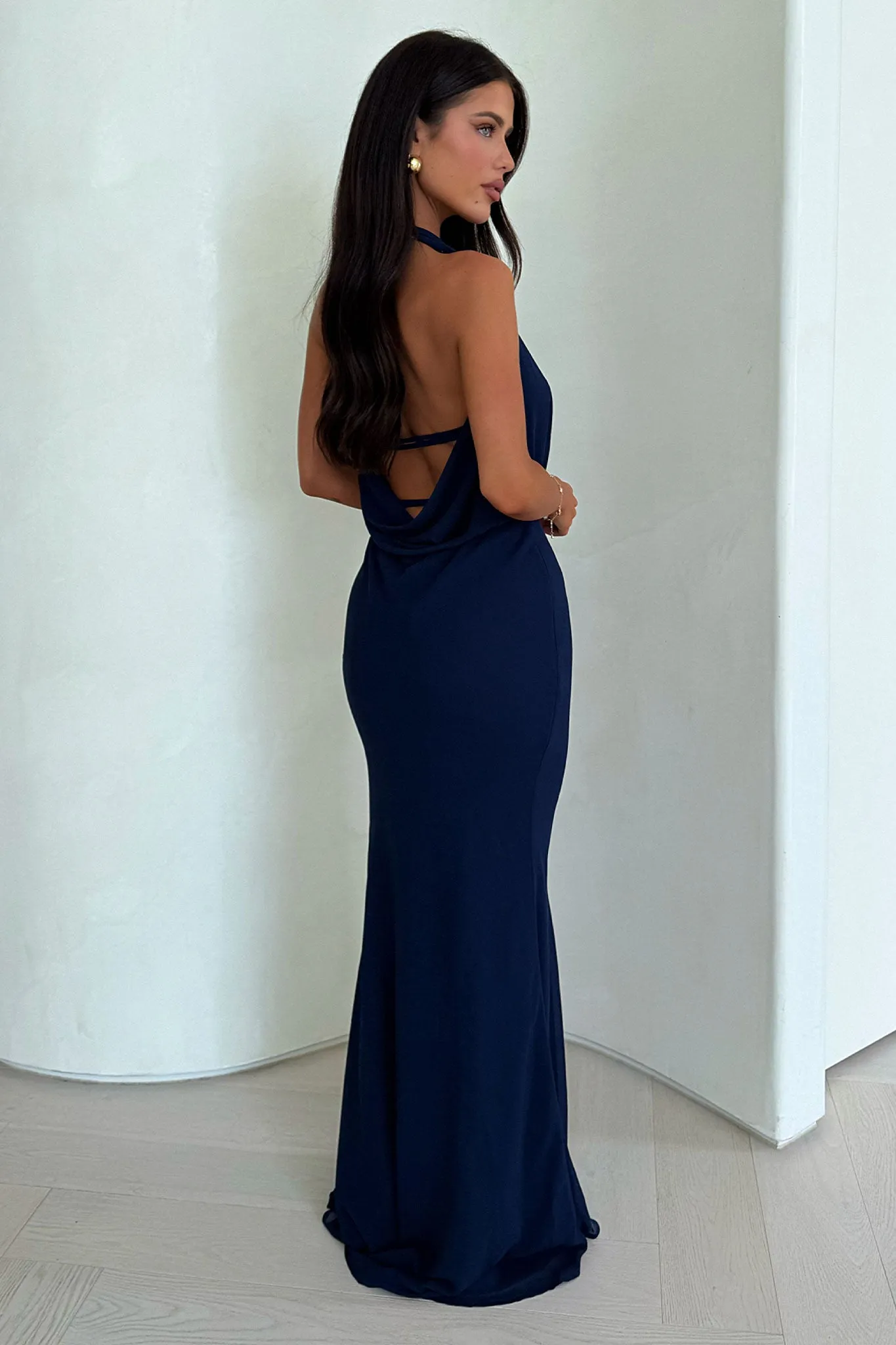 Amedeo Plunge Halter Neck Maxi Dress - Navy Designer Inspired