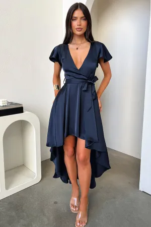Amelia Satin Midi Dress - Navy Poetic Mood Midi dress with waist tie