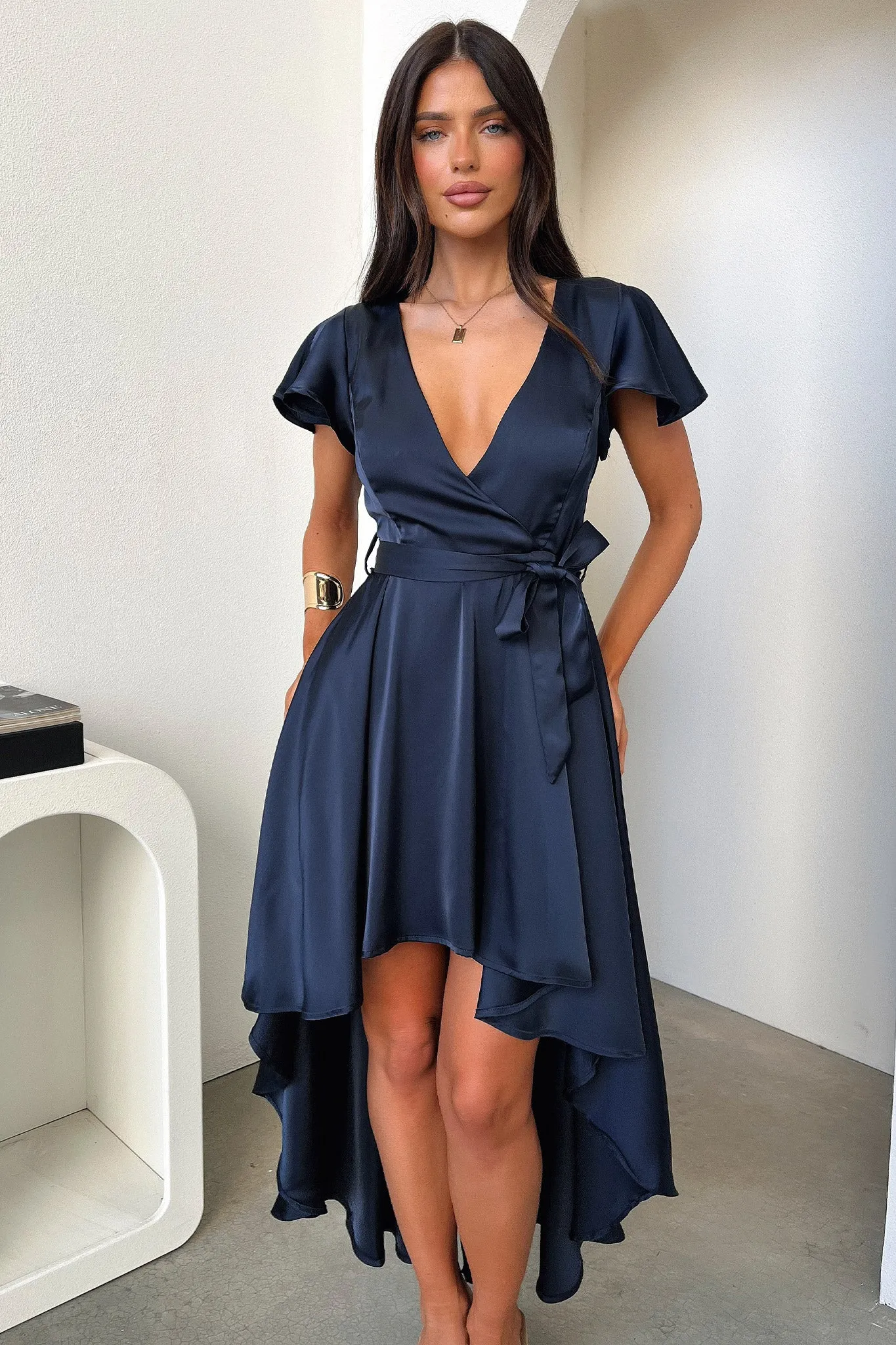 Amelia Satin Midi Dress - Navy Pastel Tones
