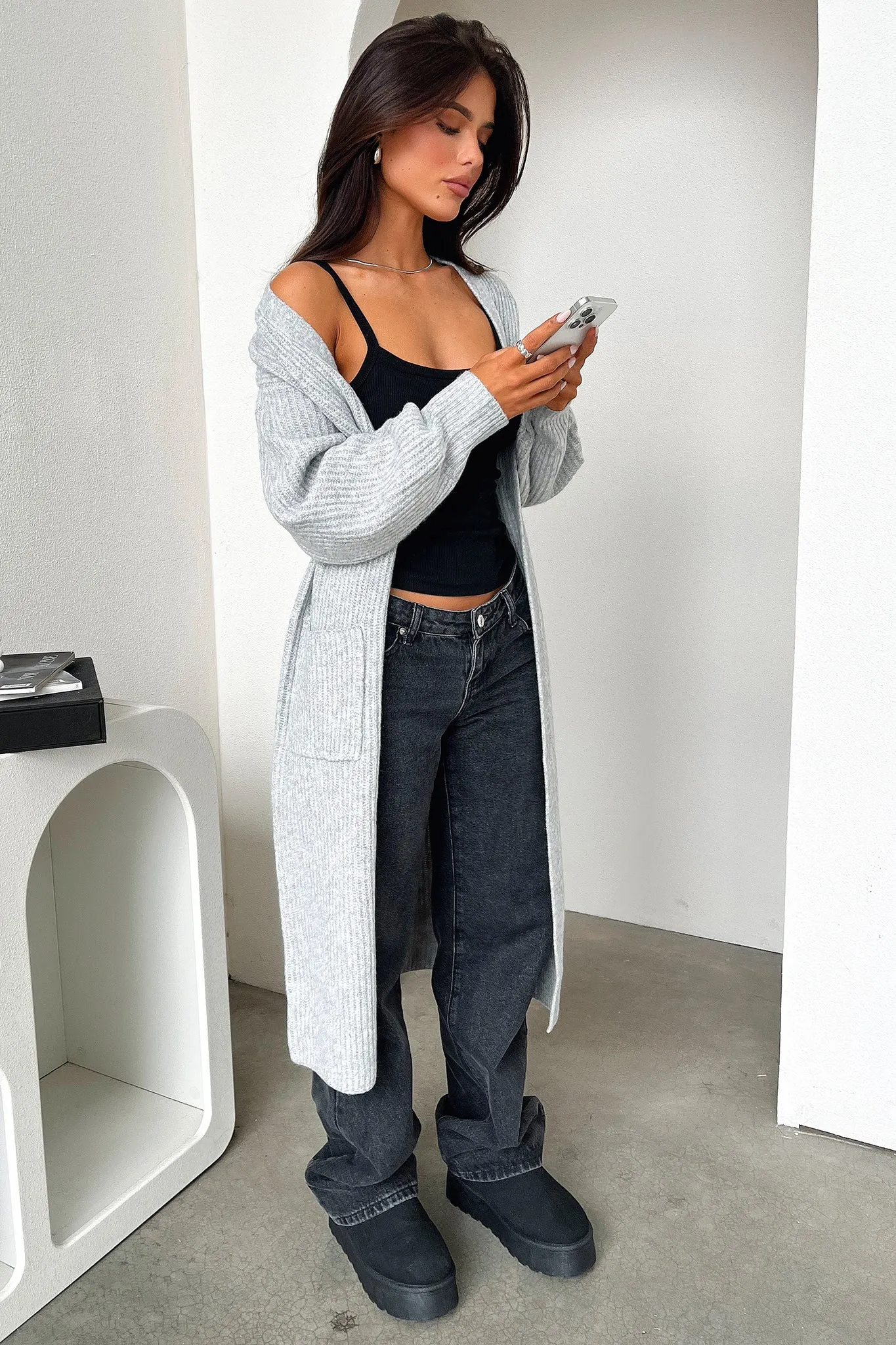 Arina Longline Knit Cardigan - Grey Lightweight Shell Stylish Daily Fit