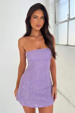 Sleek fit-and-flare style Short playful dress for vacations Arletta Strapless Sequin Mini Dress - Purple