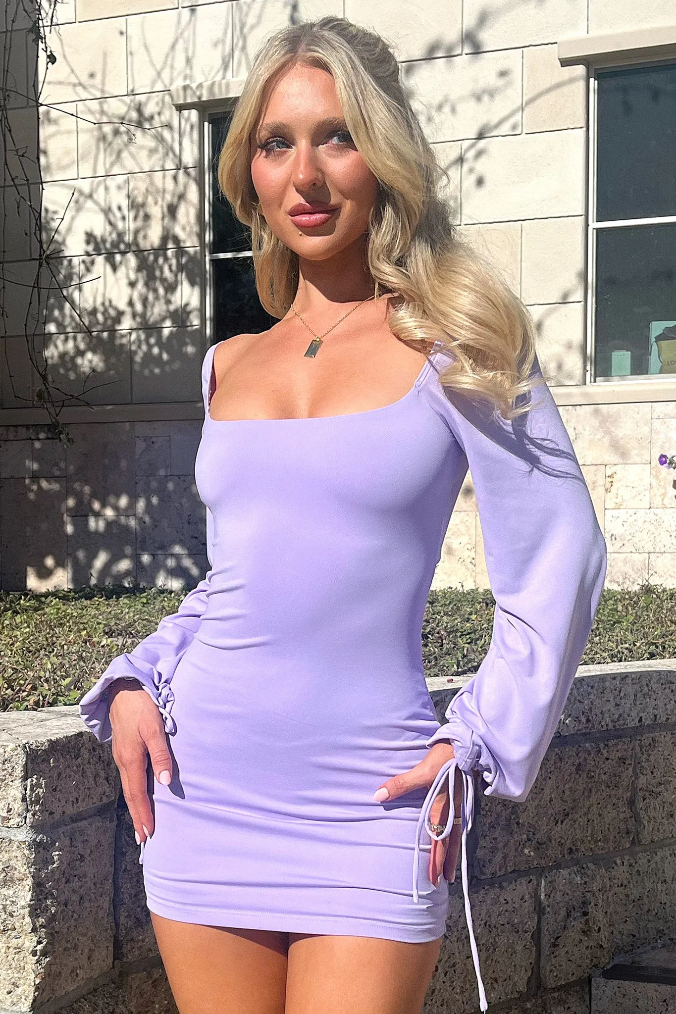 Atkinson Long Sleeve Mini Dress - Purple embroidered hem