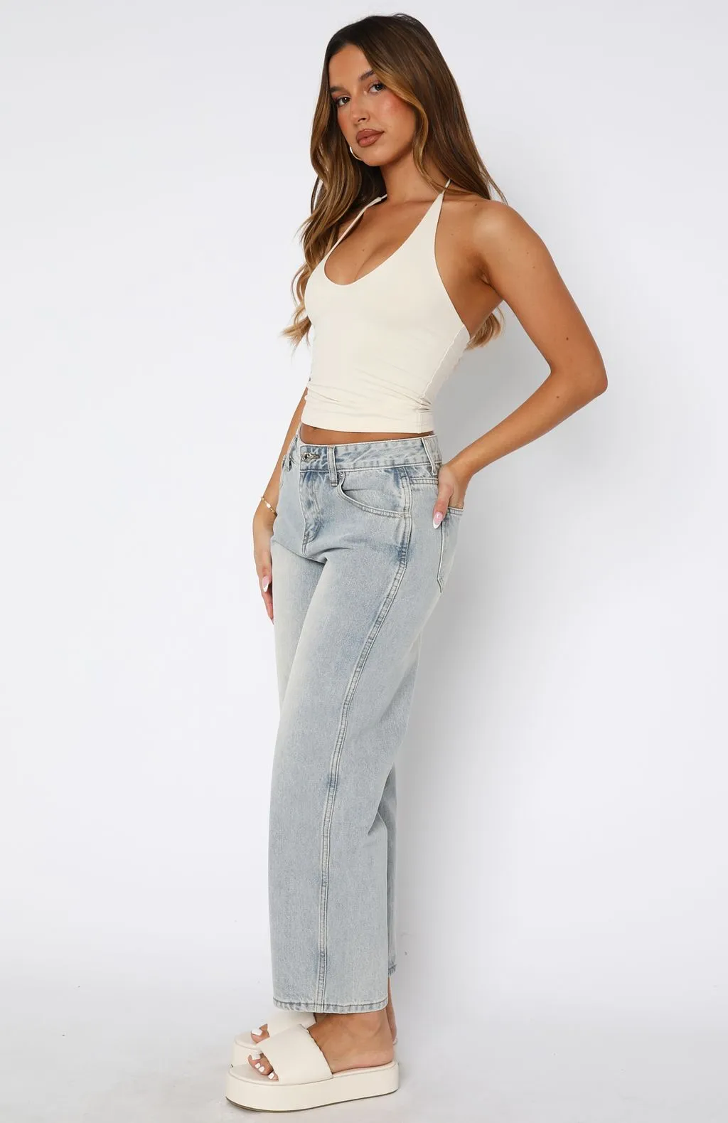 Avianna Mid Rise Cropped Straight Leg Jeans Light Blue Durable Material