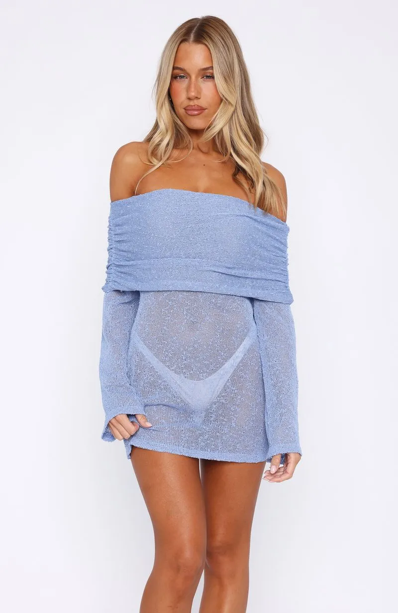 Balconette Cut Can't Leave Me Long Sleeve Boucle Mini Dress Cornflower Blue