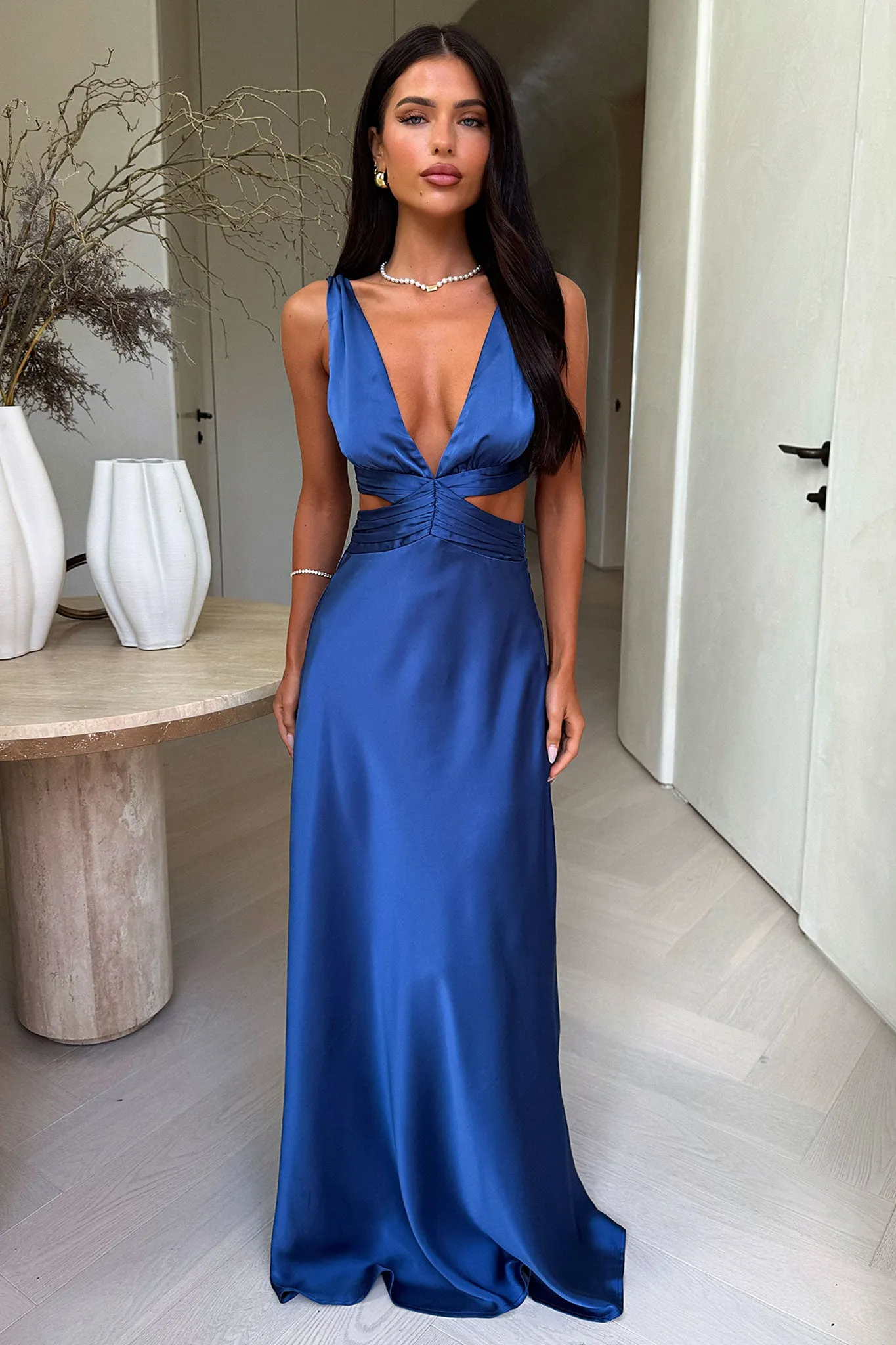 Emeline V-Neck Satin Maxi Dress - Blue Daytime Fit