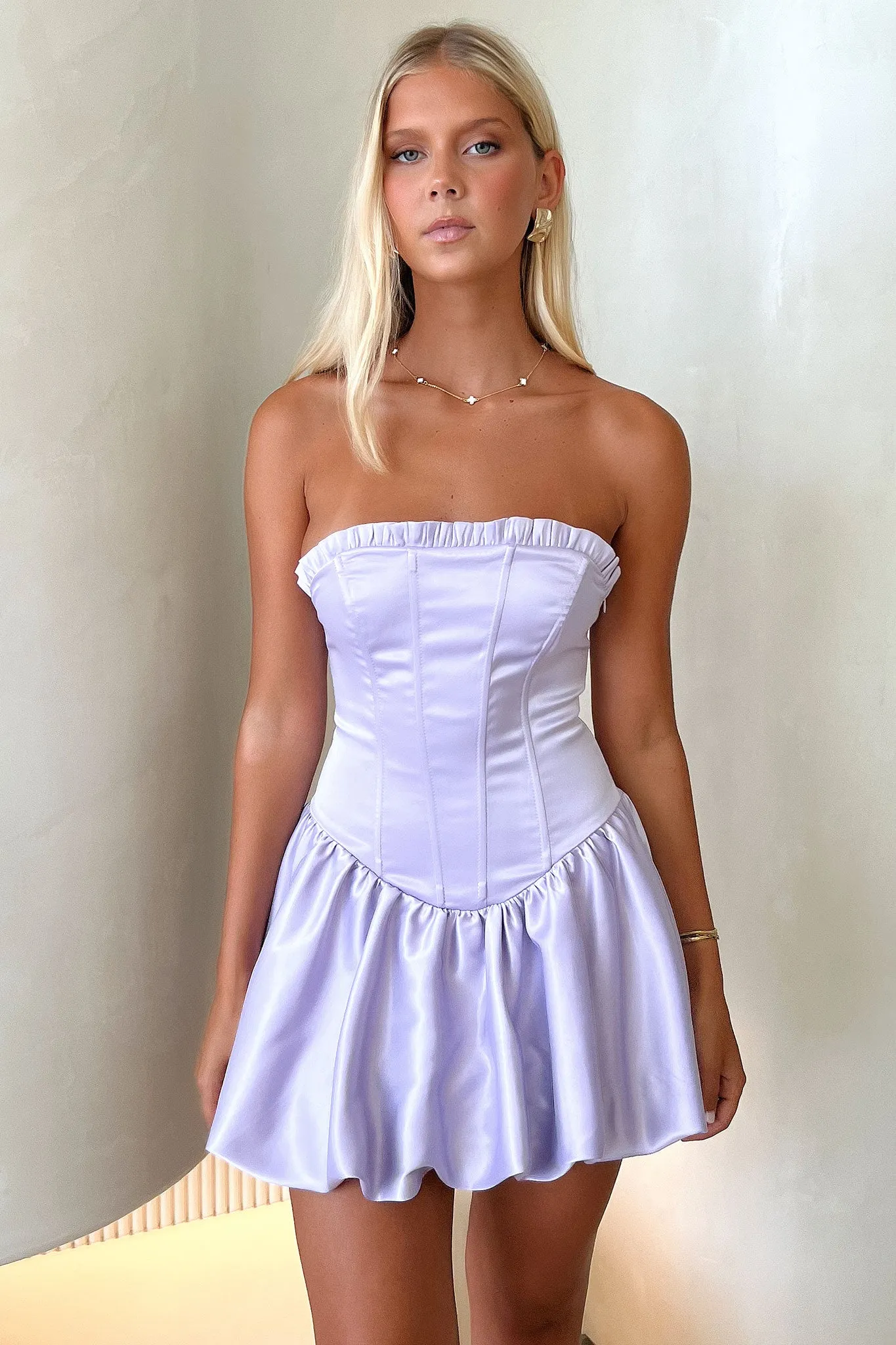 Beauty Strapless Satin Dress - Purple A-Line Cut