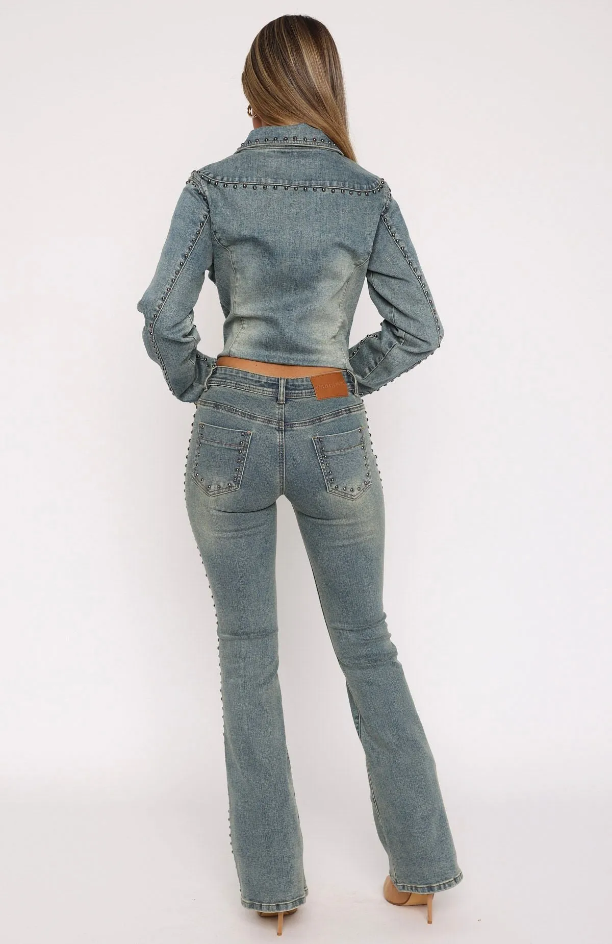 Breathable Sweat-absorbent Blake Low Rise Studded Flare Jeans Brown Blue