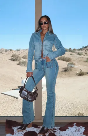 Comfortable and breathable professionals Blake Low Rise Studded Flare Jeans Brown Blue