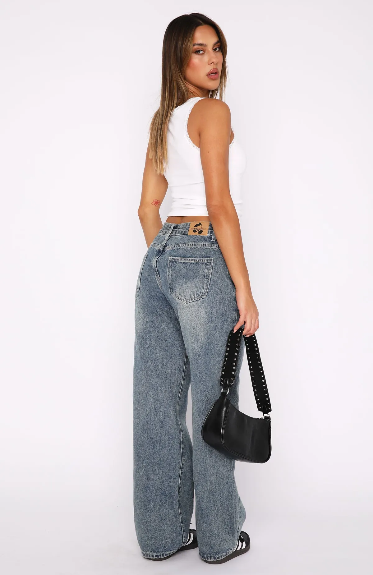 Bring The Style Low Rise Wide Leg Jeans Brown Blue Acid Wash cargo style