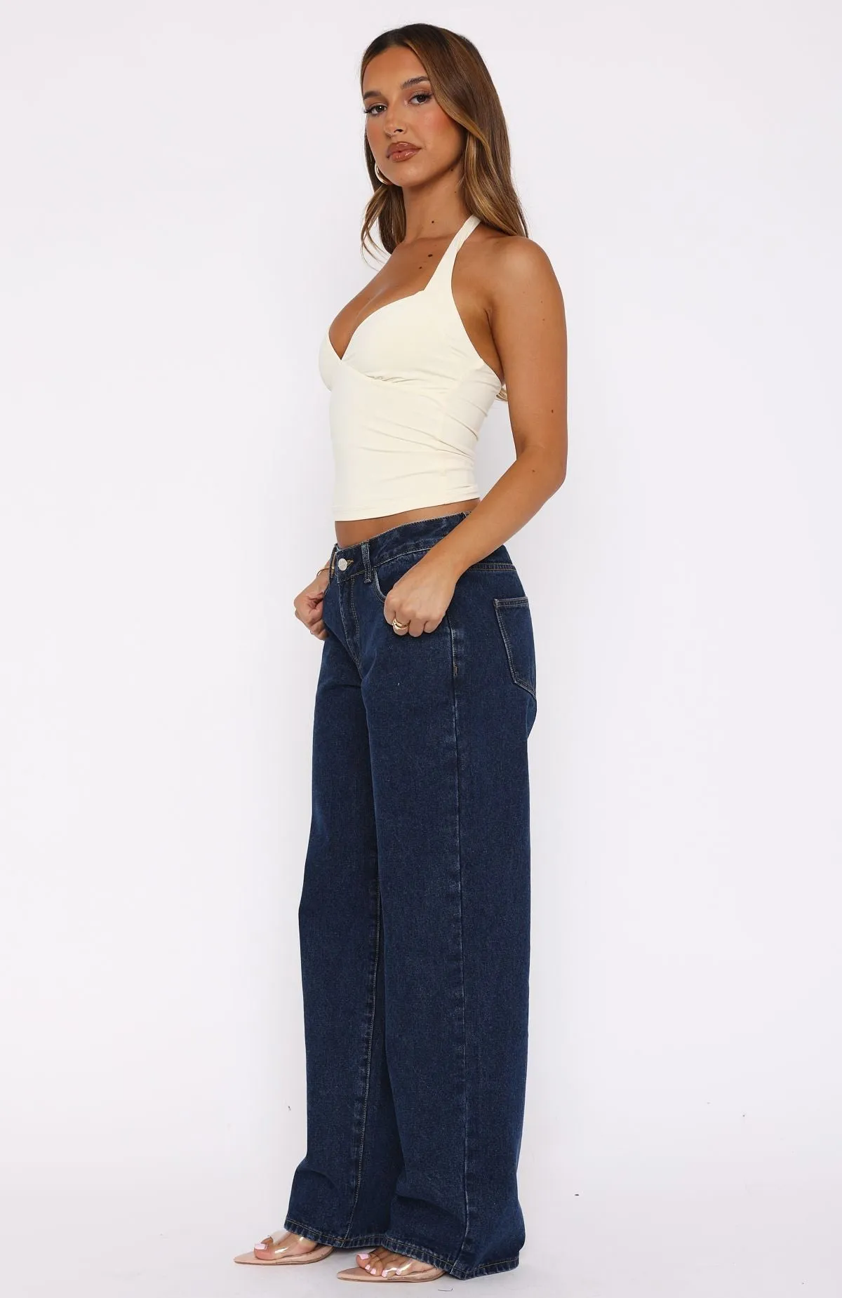 Bring The Style Low Rise Wide Leg Jeans Dark Blue loose silhouette