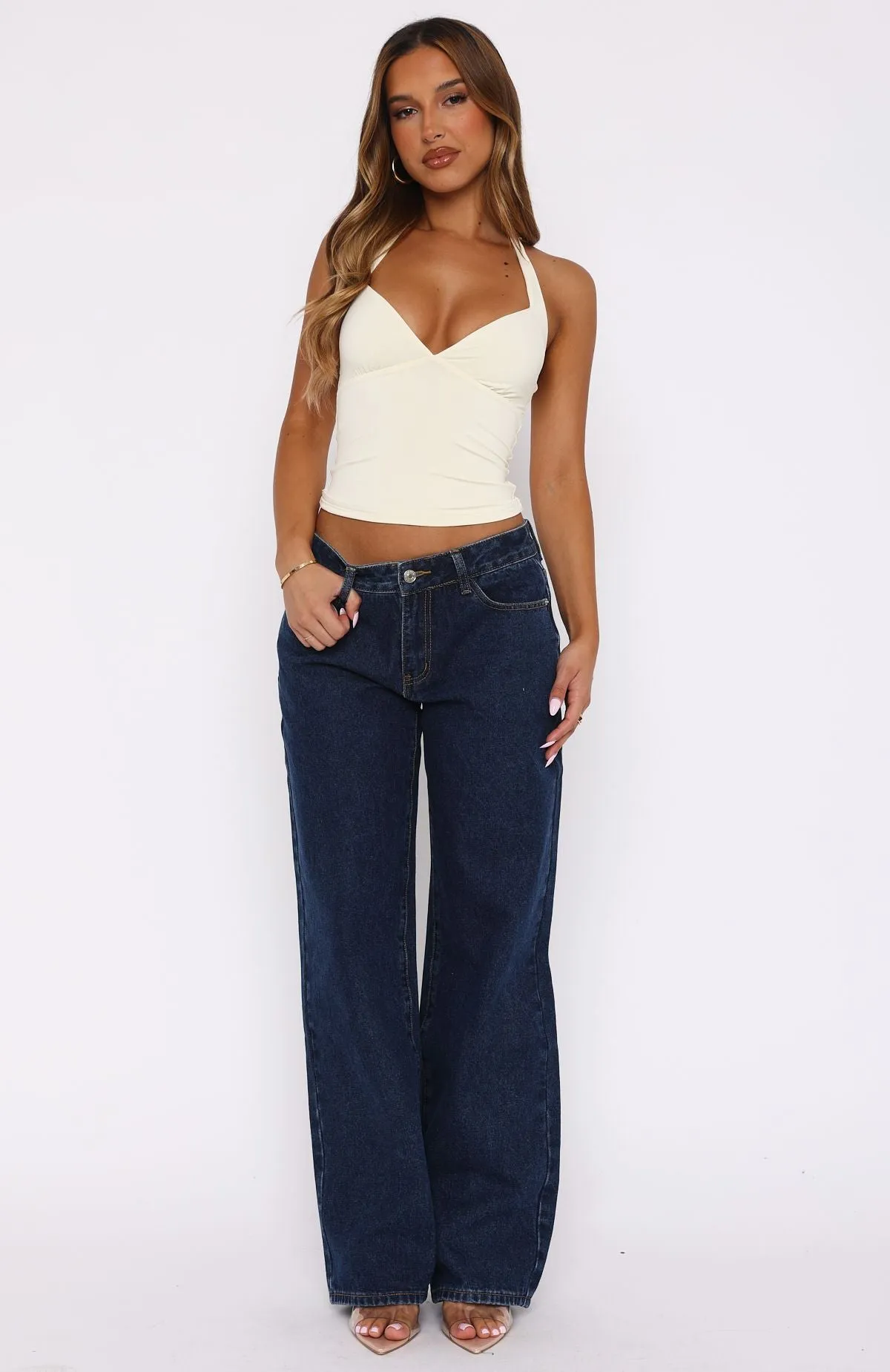 Bring The Style Low Rise Wide Leg Jeans Dark Blue loose silhouette