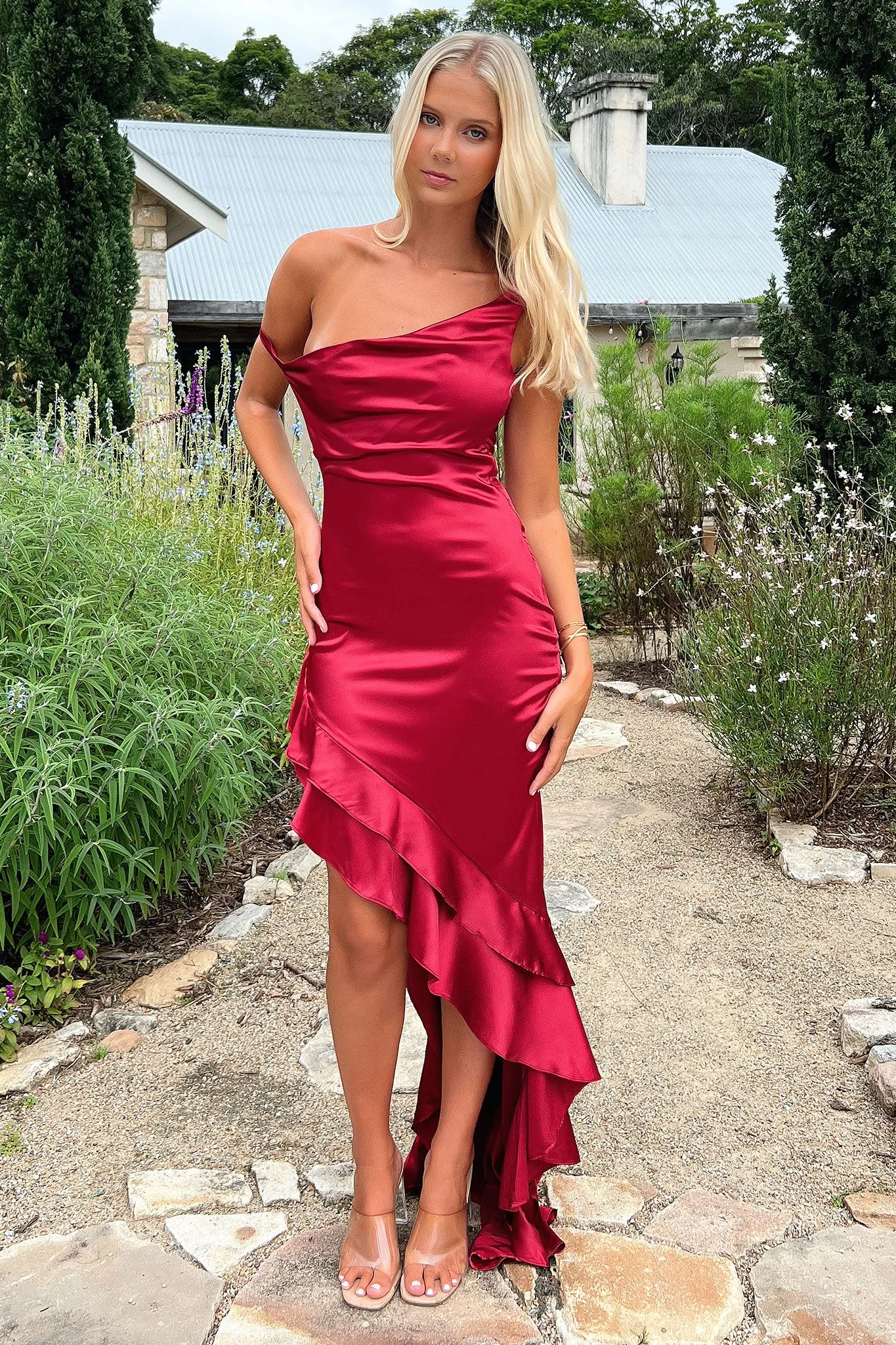 Button Neck Daenerys Off Shoulder Satin Maxi Dress - Burgundy