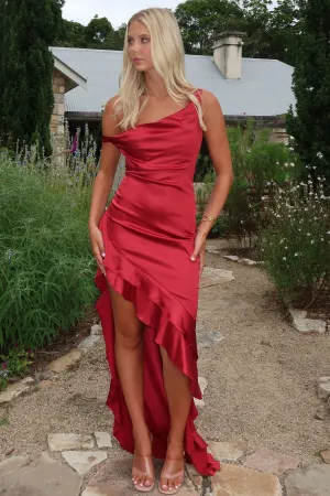 Day-to-evening wear Daenerys Off Shoulder Satin Maxi Dress - Burgundy
