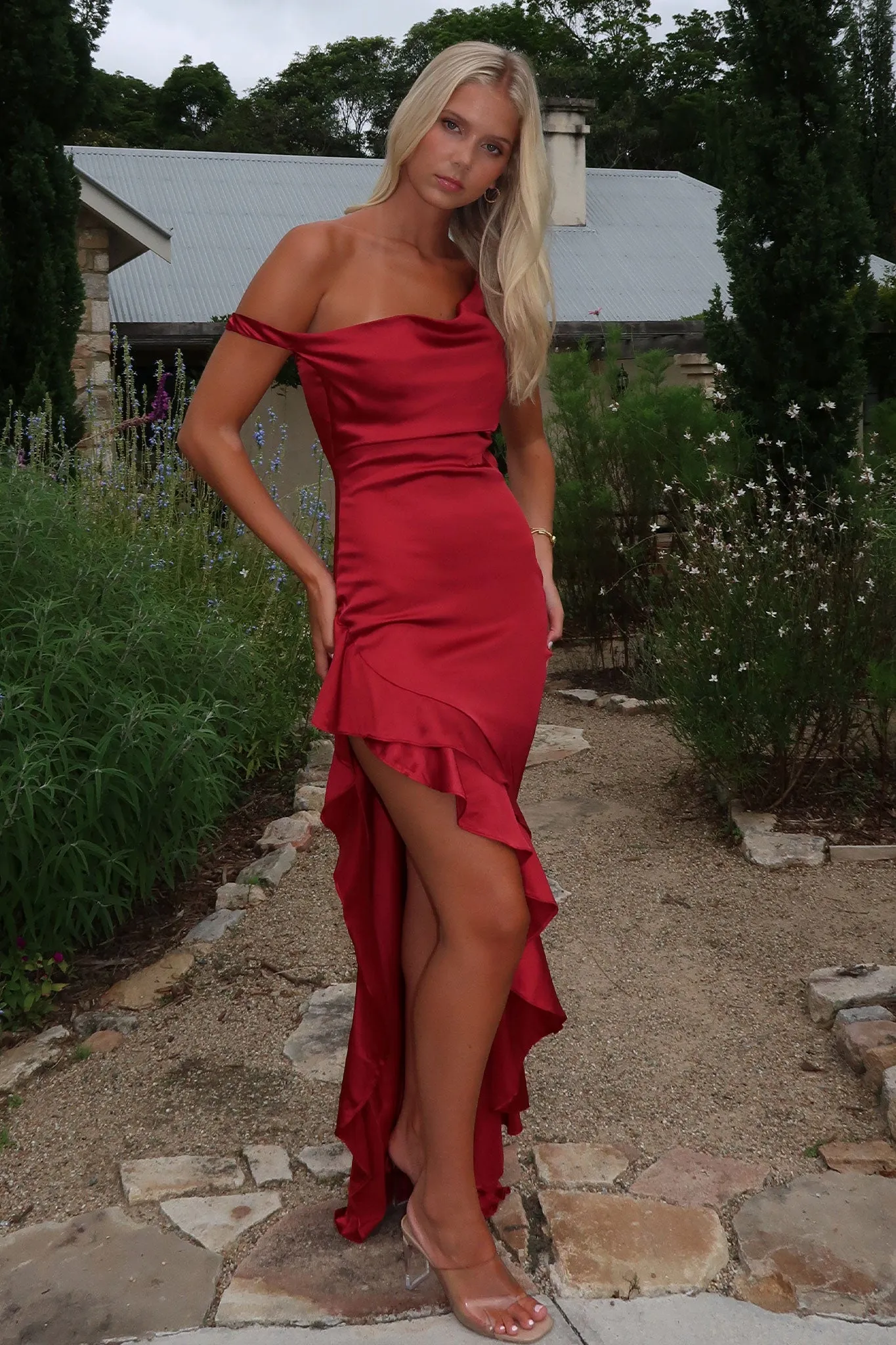 Button Neck Daenerys Off Shoulder Satin Maxi Dress - Burgundy