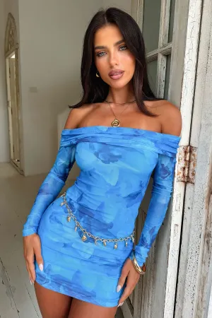 Skin Tint Trend Soft Candice Off Shoulder Long Sleeve Mini Dress - Blue Floral
