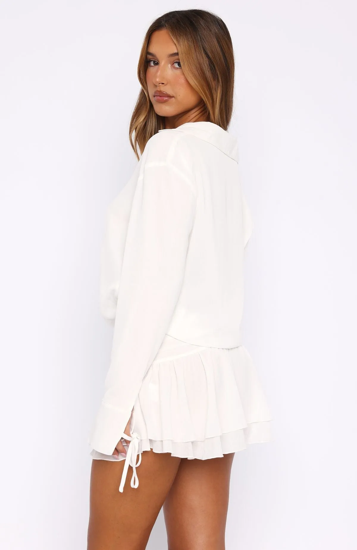 Can't Get Me Long Sleeve Mini Dress White Side Ruched