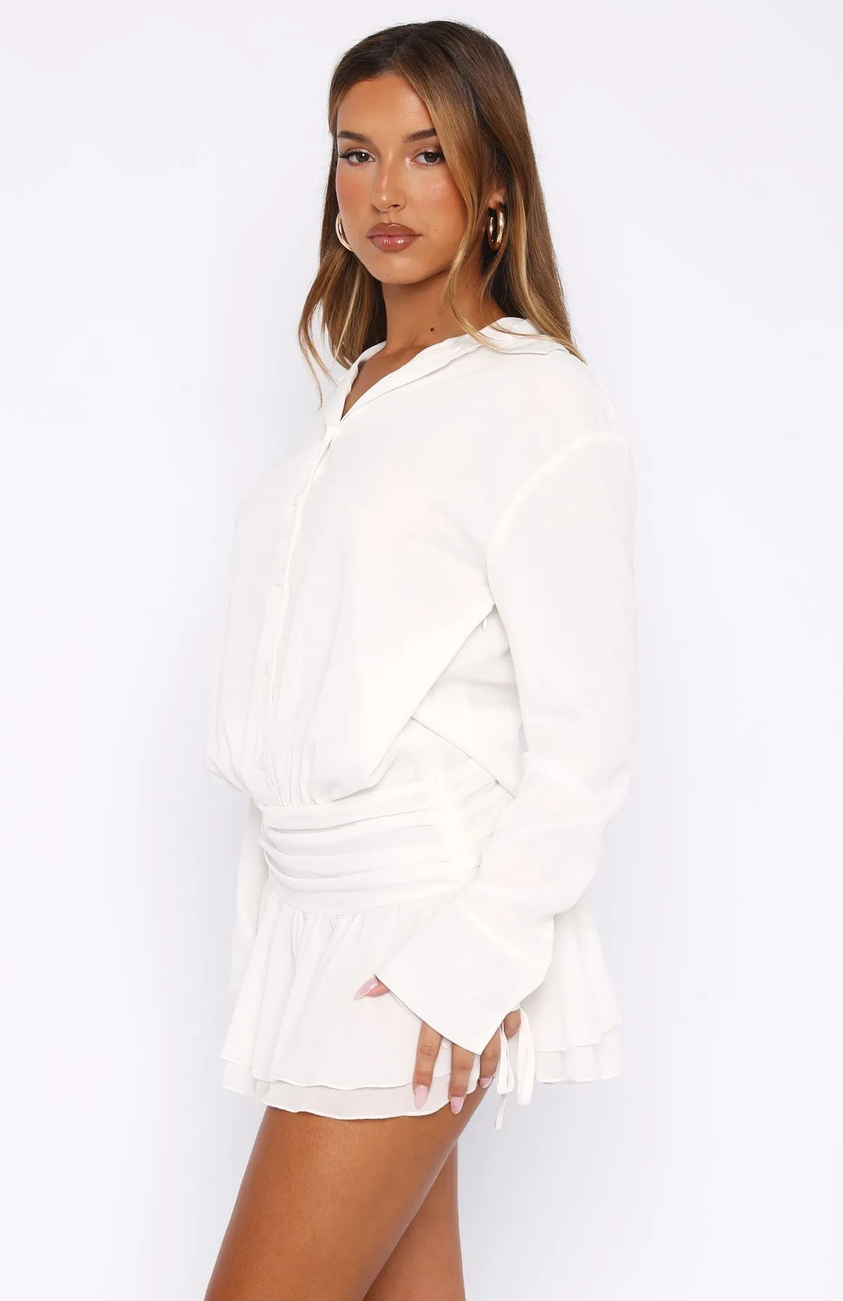 Can't Get Me Long Sleeve Mini Dress White Side Ruched