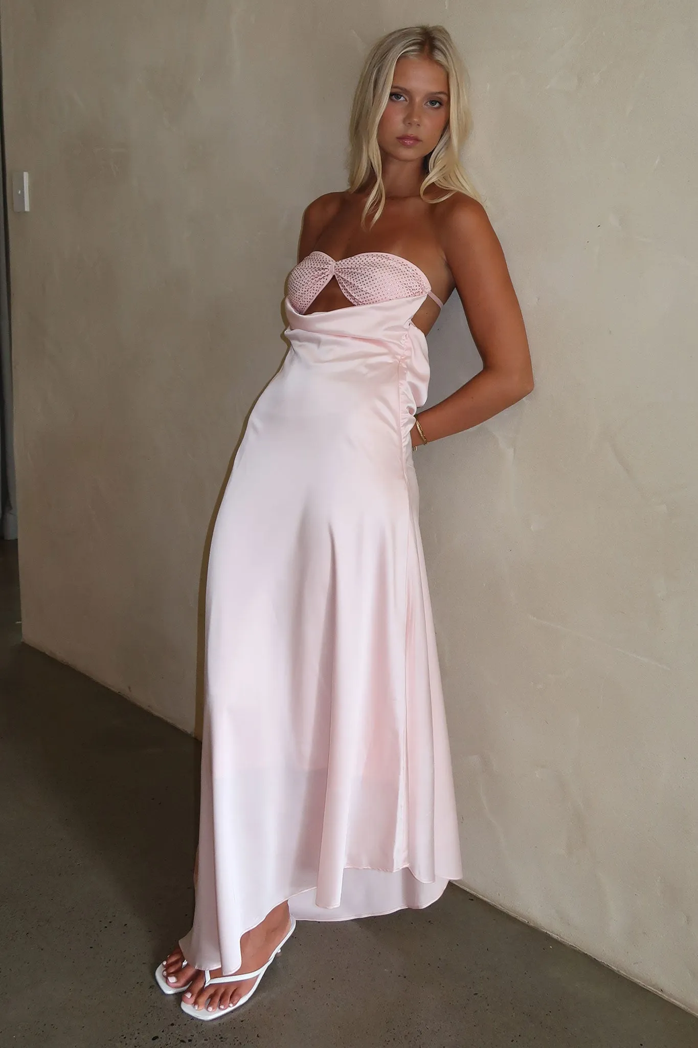 Spring-Season Thora Strapless Satin Maxi Dress - Baby Pink