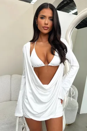 Suburban area Glossy Look Cardi Top and Bikini - White