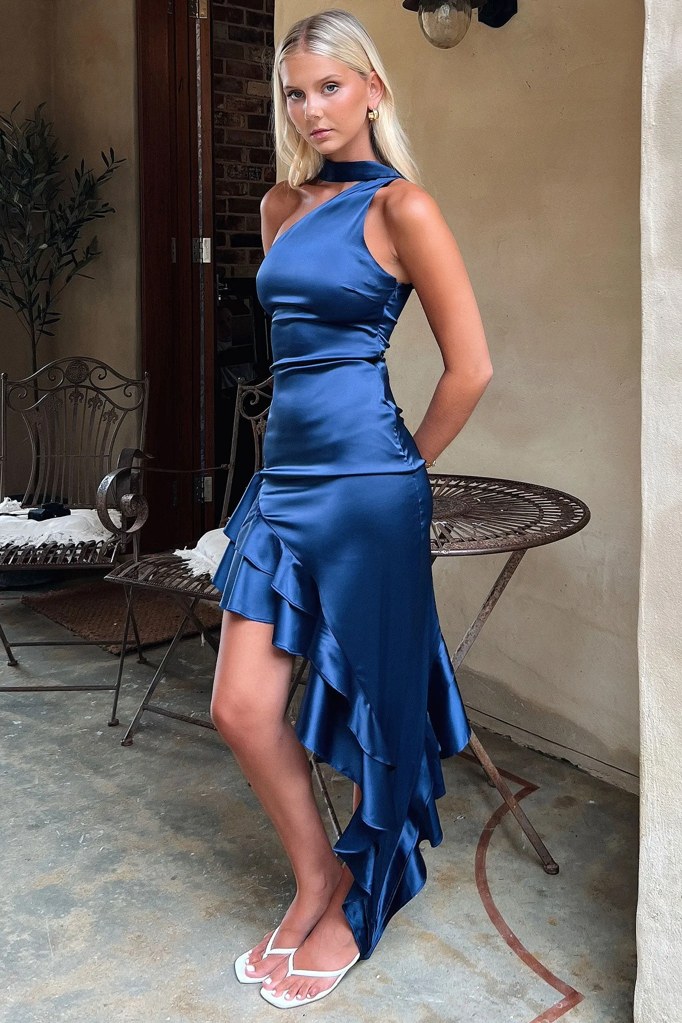 Casual Wearables Kara One Shoulder Satin Maxi Dress - Navy