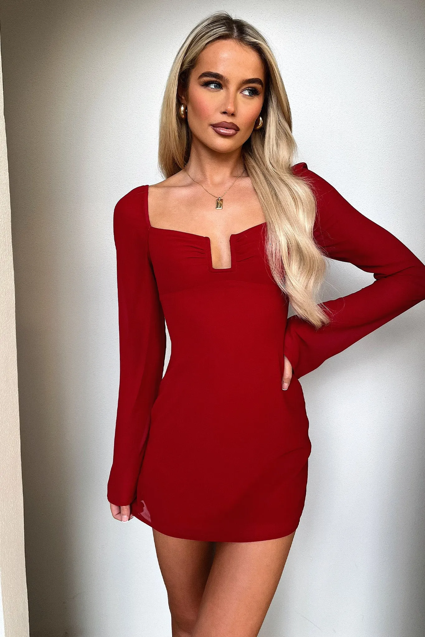 Charisma Long Sleeve Mini Dress - Red Pearl Hem