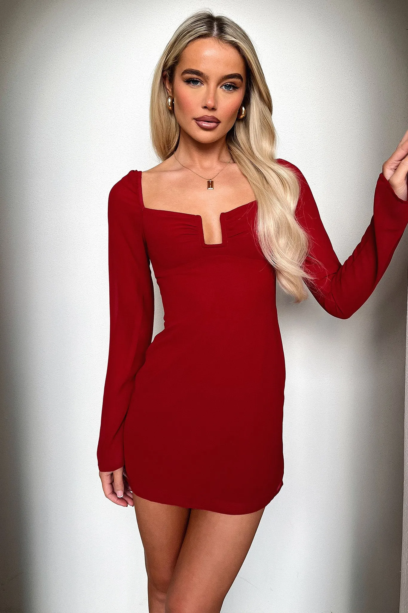 Charisma Long Sleeve Mini Dress - Red Pearl Hem