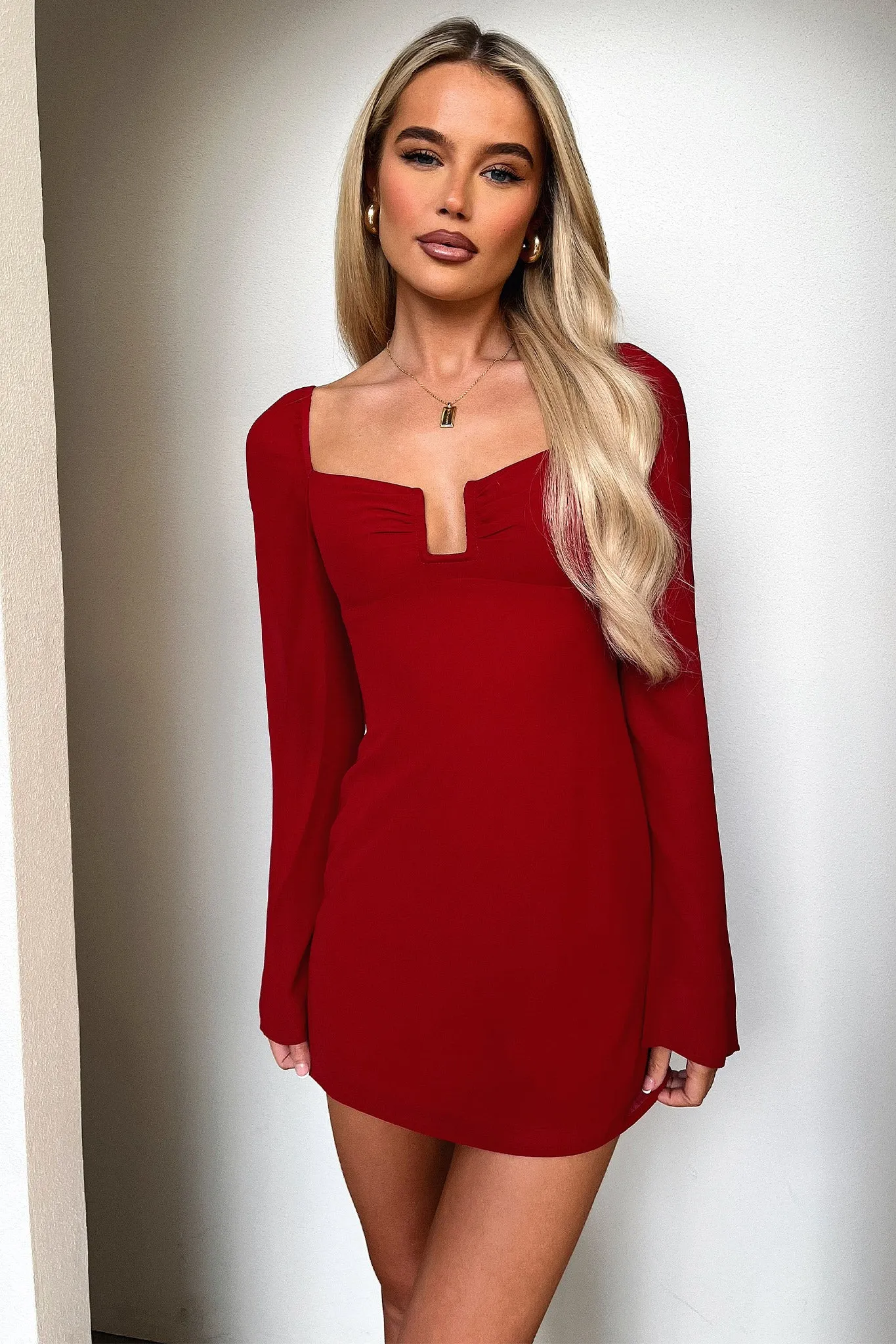 Charisma Long Sleeve Mini Dress - Red Pearl Hem