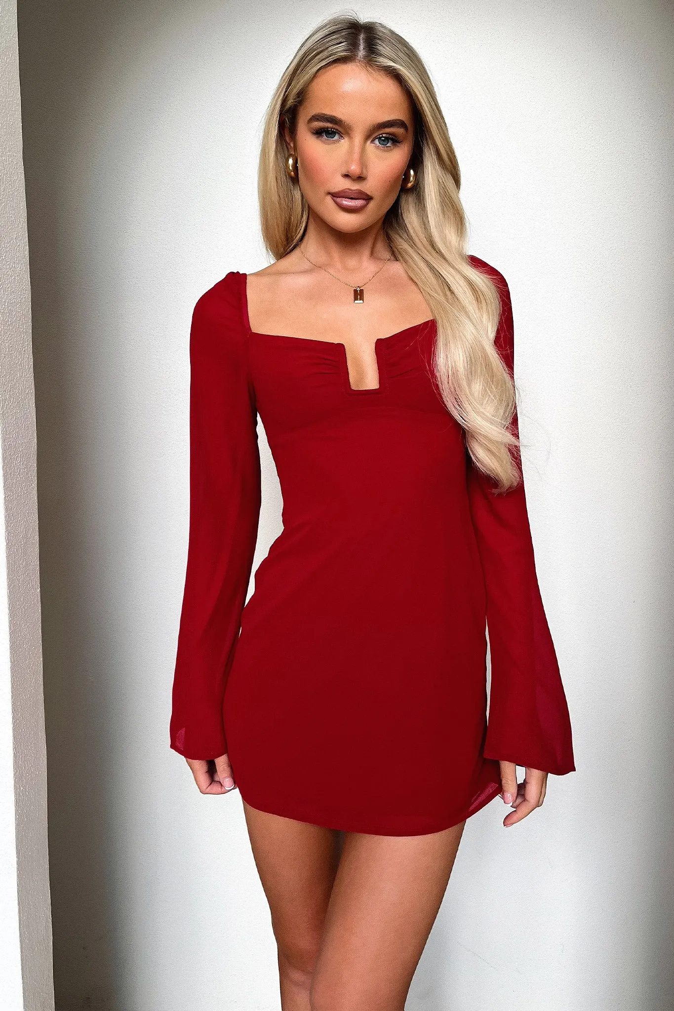 Charisma Long Sleeve Mini Dress - Red Pearl Hem