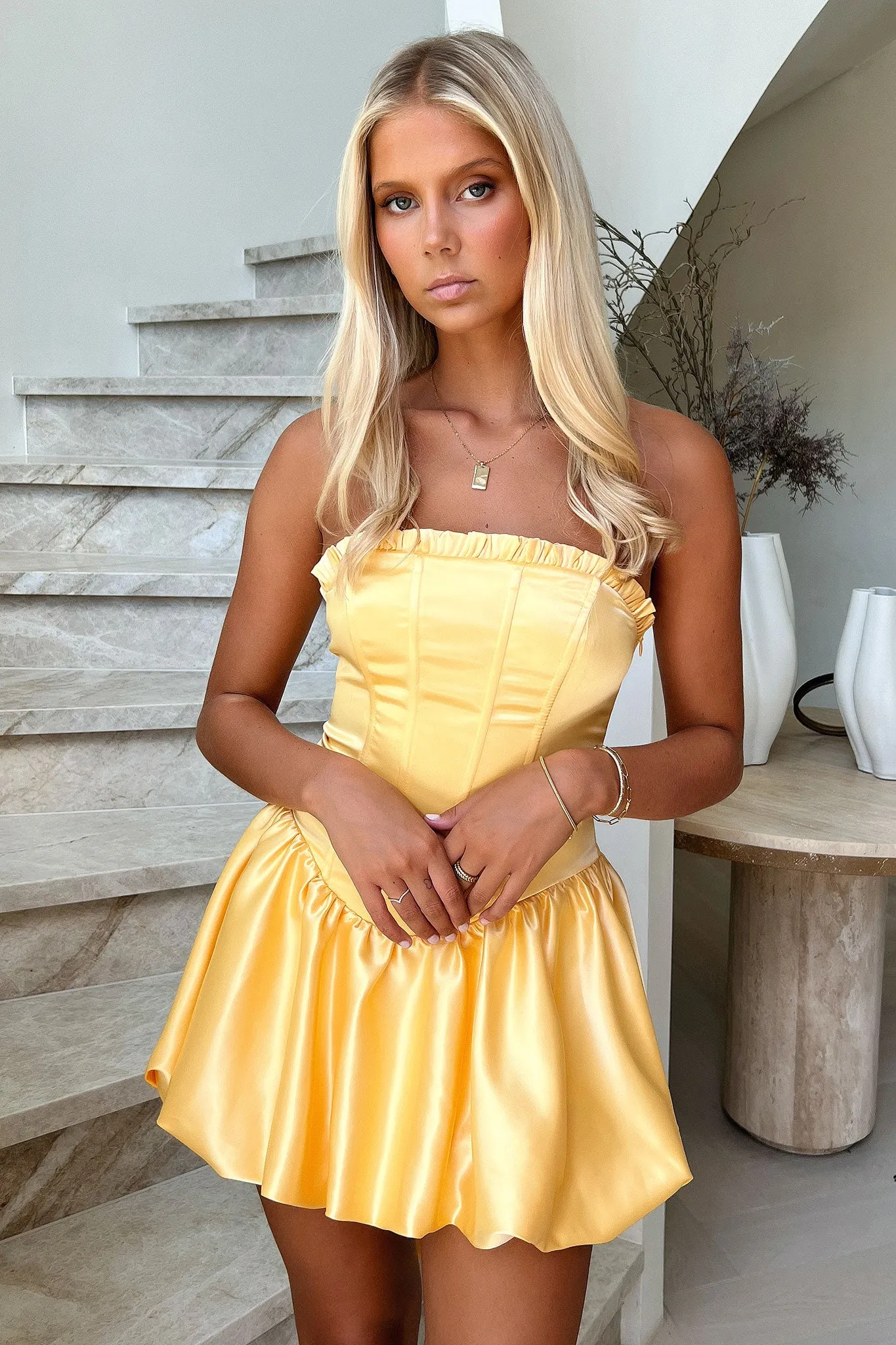 Beauty Strapless Satin Dress - Yellow Bright Beat Light Glow
