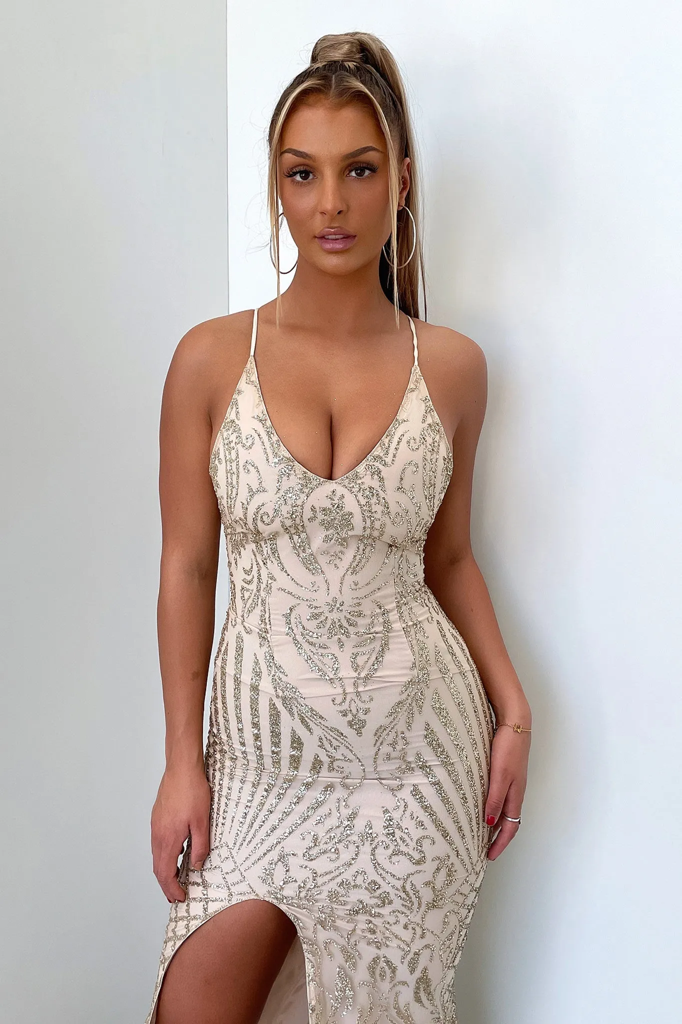 Chinese Collar Narissa Maxi Dress - Gold Sequin