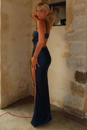 Christa Satin Maxi Dress - Navy Neutral Aesthetic Contrast-Lining