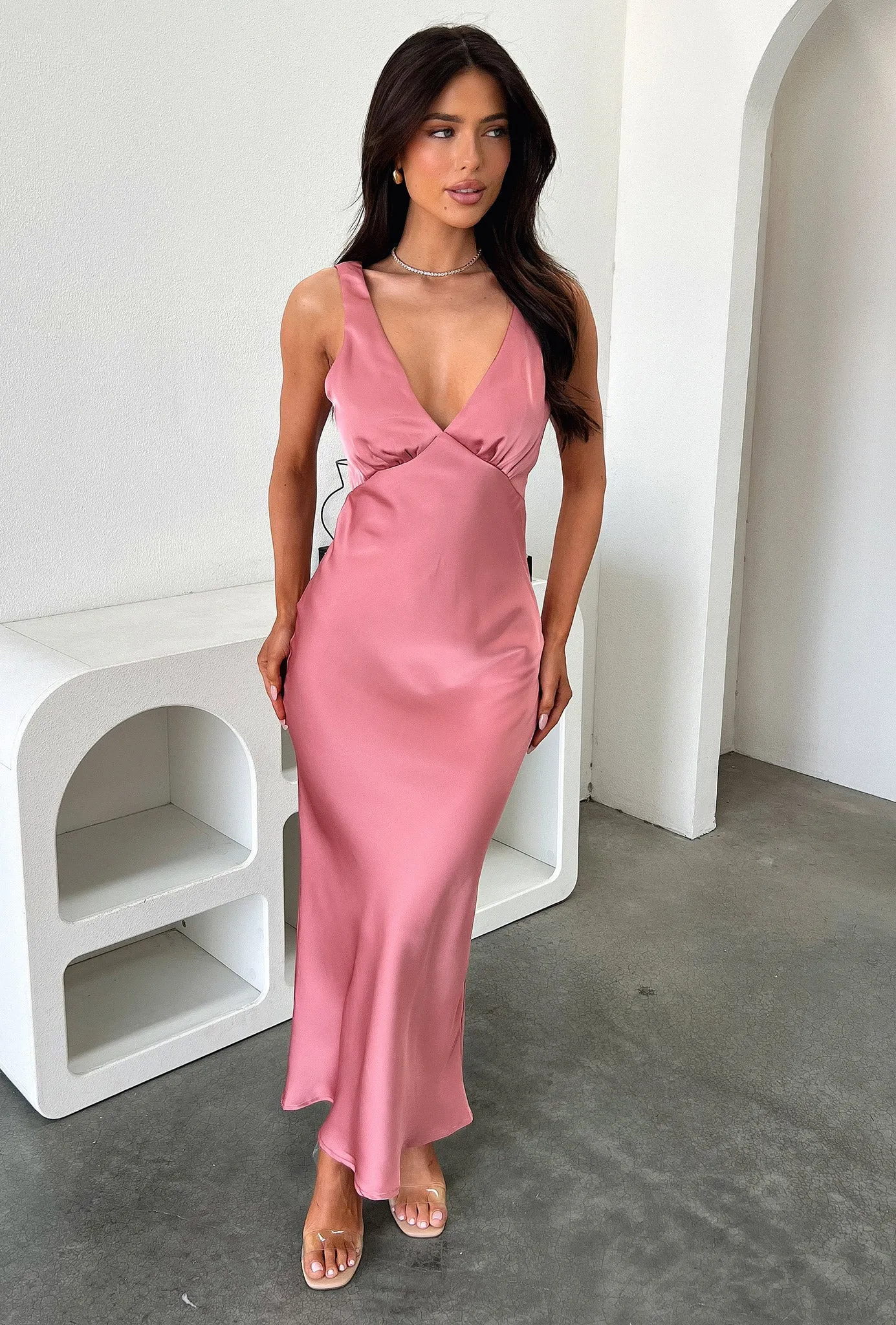 Classic Wear Delayne V-Neck Satin Midi Dress - Rose