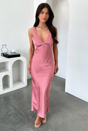 Smooth Curve Birthday-Celebration Delayne V-Neck Satin Midi Dress - Rose