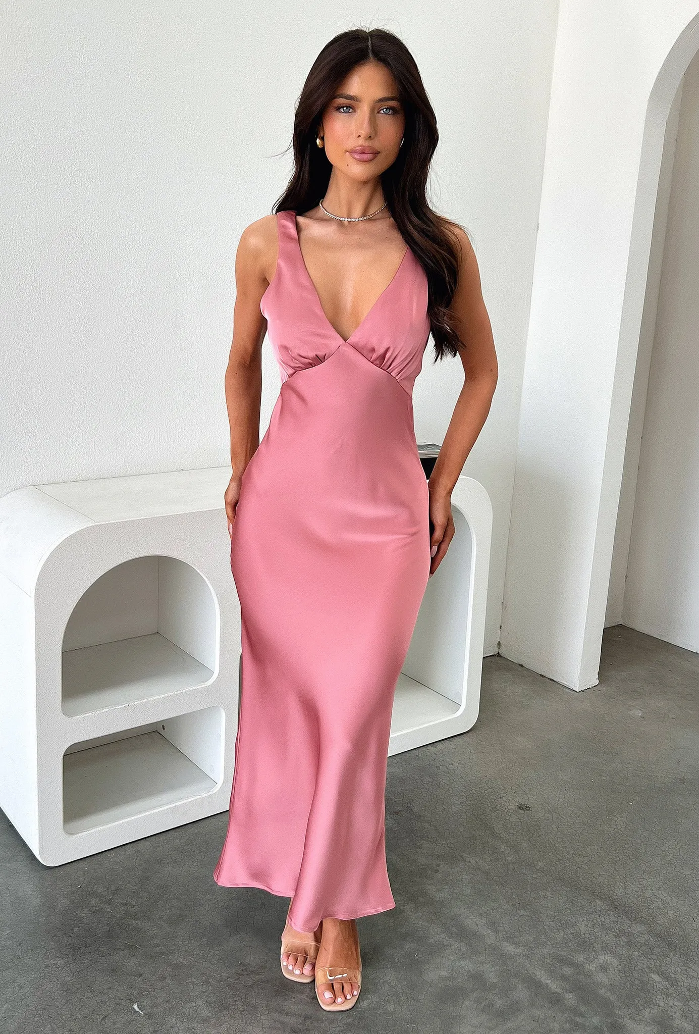 Classic Wear Delayne V-Neck Satin Midi Dress - Rose