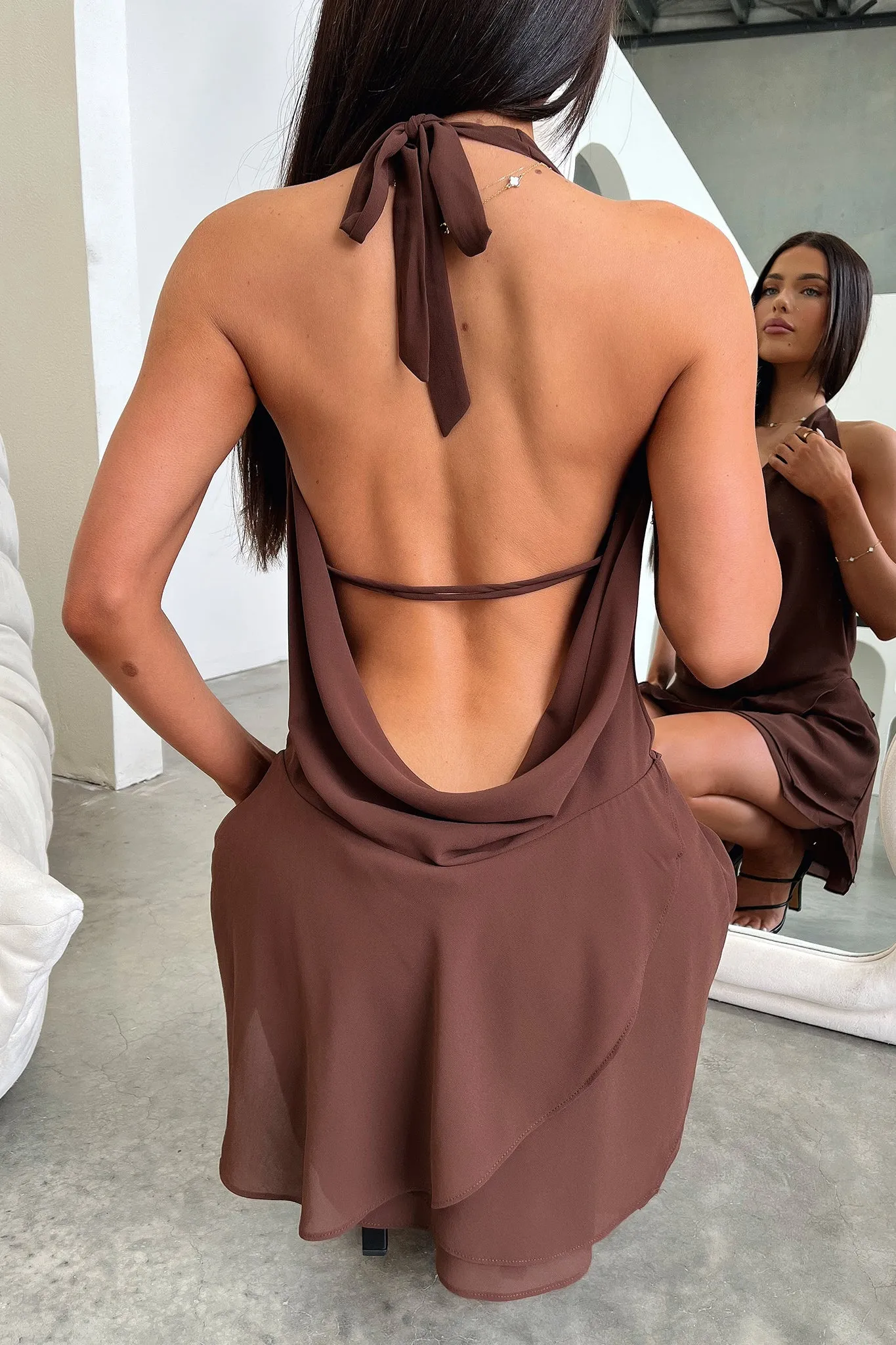 Cleo Plunge Cowl Neck Mini Dress - Brown Matte Finish