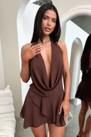 Cleo Plunge Cowl Neck Mini Dress - Brown Petite Fit Trend Ride