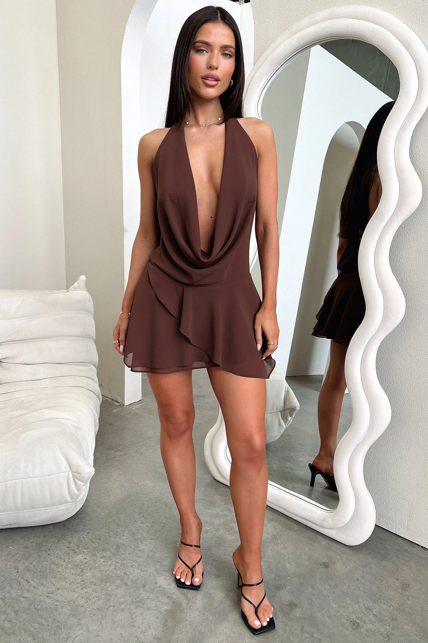 Cleo Plunge Cowl Neck Mini Dress - Brown Matte Finish