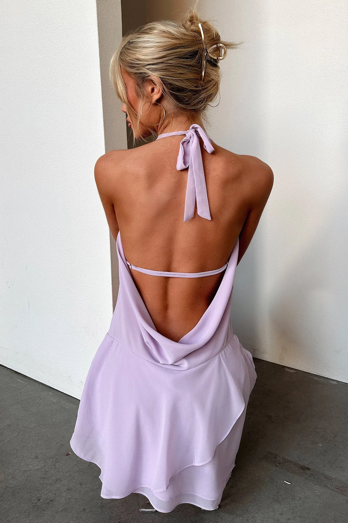 Cleo Plunge Cowl Neck Mini Dress - Lilac Fire Spark