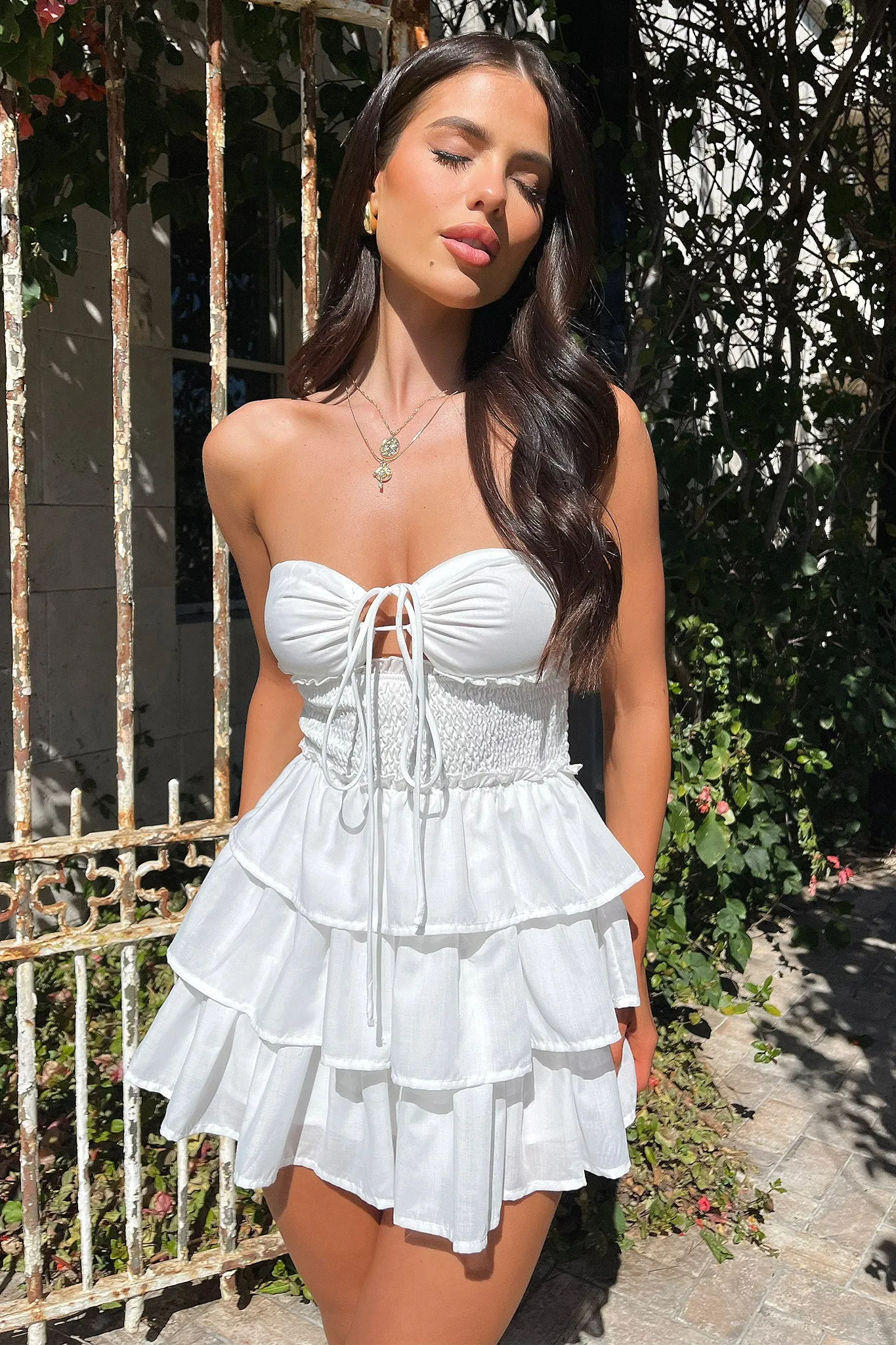 Cocktail Glam Janine Strapless Tiered Mini Dress - White