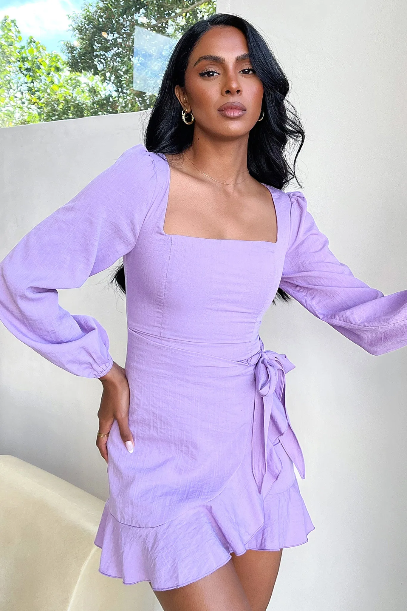 Cocktail Glam Silvana Long Sleeve Wrap Mini Dress - Lilac