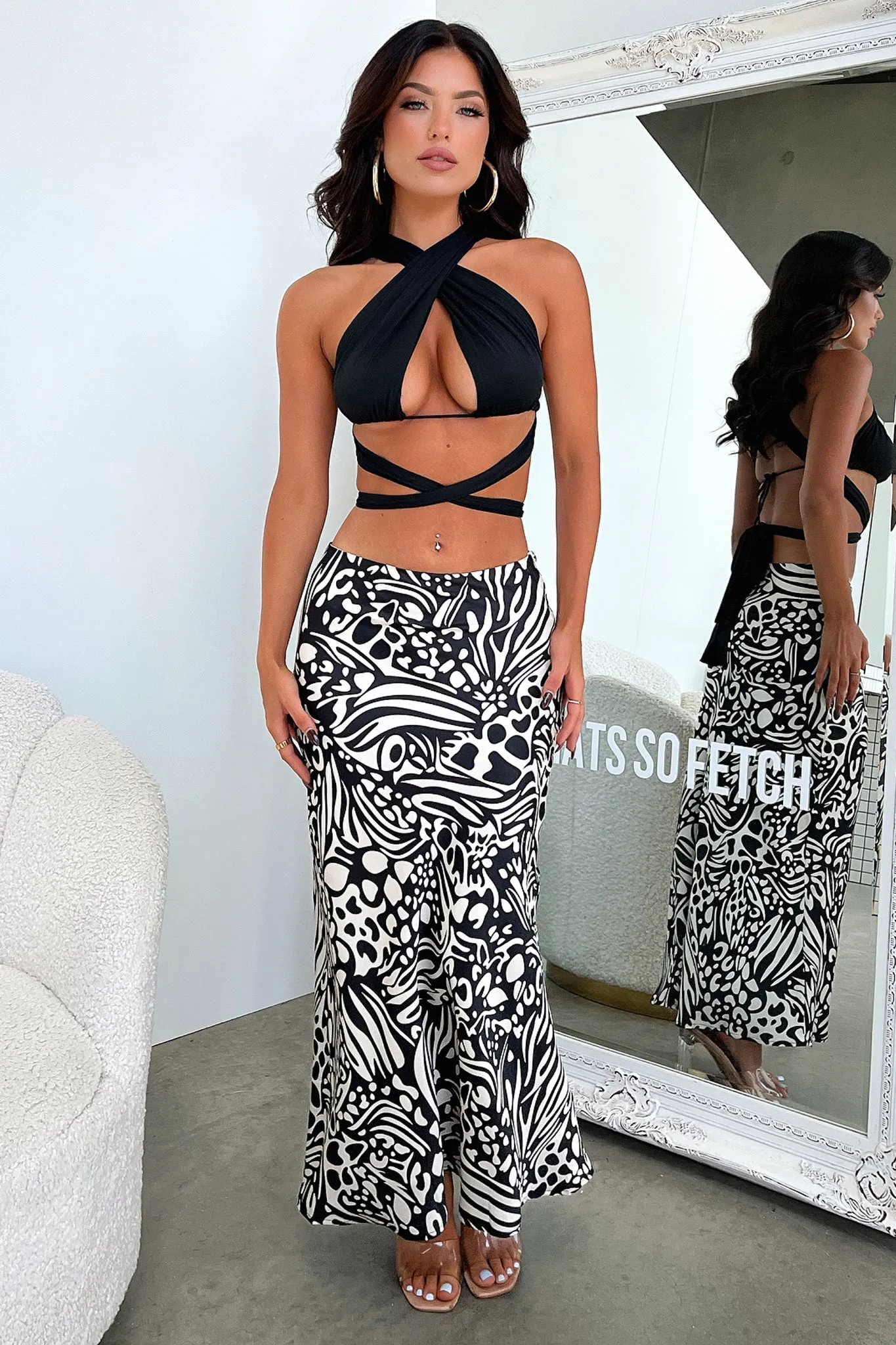 Santorini Maxi Skirt - Black / White Print Removable Belt